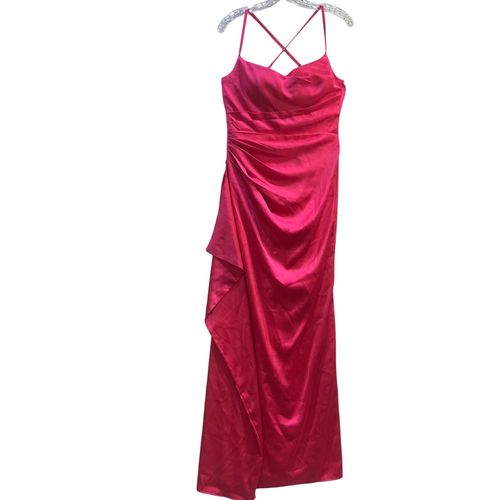 Hot Pink Satin Draped Formal Gown Corset Back Slit SZ 2 Elle Woods Barbiecore